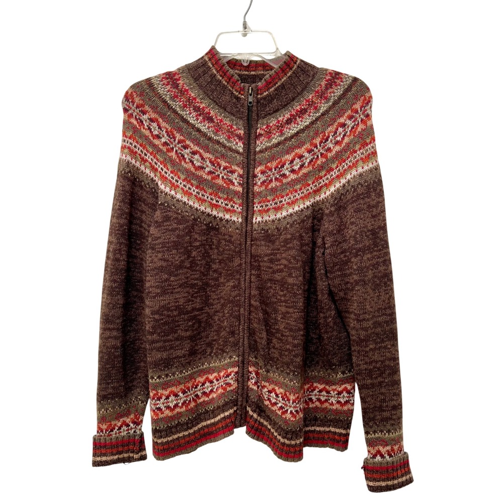 Shaver Lake Brown Fair Isle Zip Up Cardigan Ramie Cotton Womens M Cabincore VTG